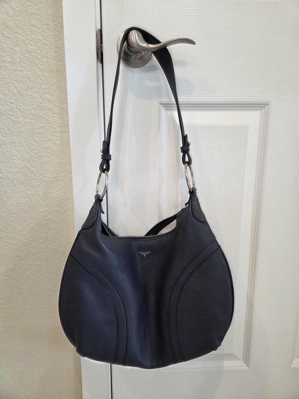 Tahari Blue Pebbled Leather Shoulder Hobo with Silver Hardware